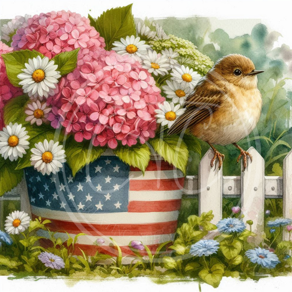 Patriotic Bouquet Bird on Fence