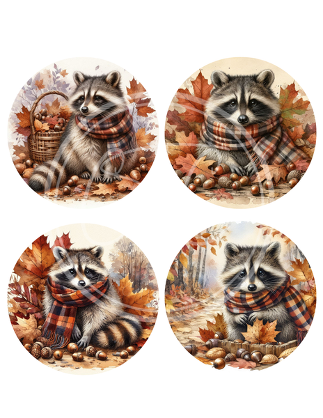 Fall Raccoon Printable Ornament/Tag Circles Bundle 4', 3" 2"
