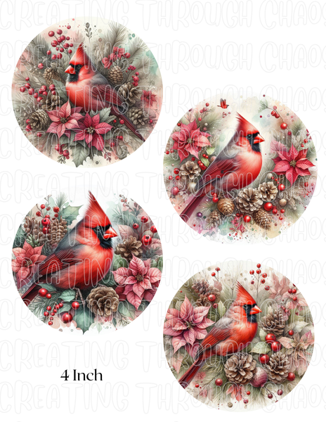 Christmas Cardinal Printable Ornament/Tag Circles Bundle 4', 3"